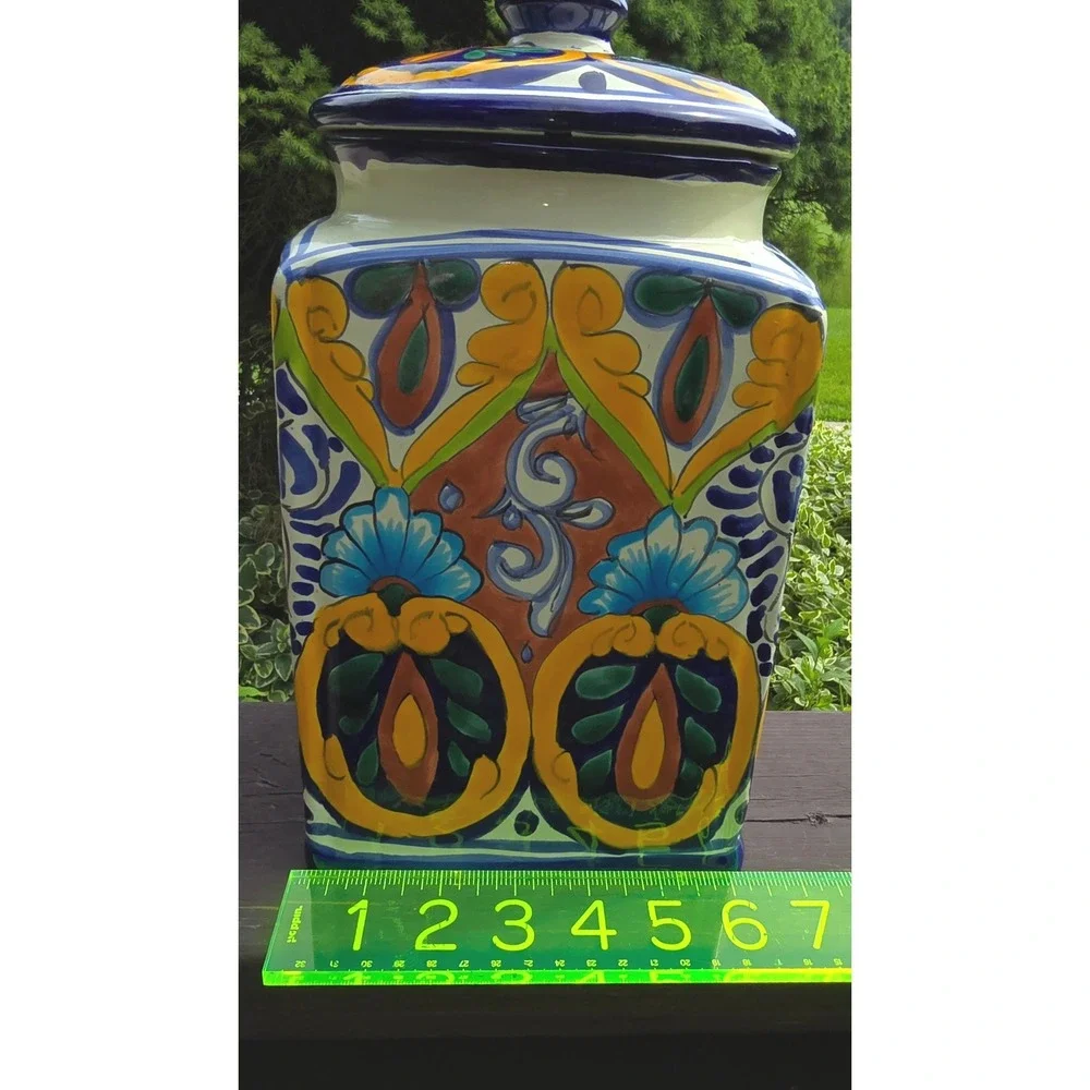 Vintage La Maceta Mexican Talavera Canister Jar with Lid Hand Painted Pottery